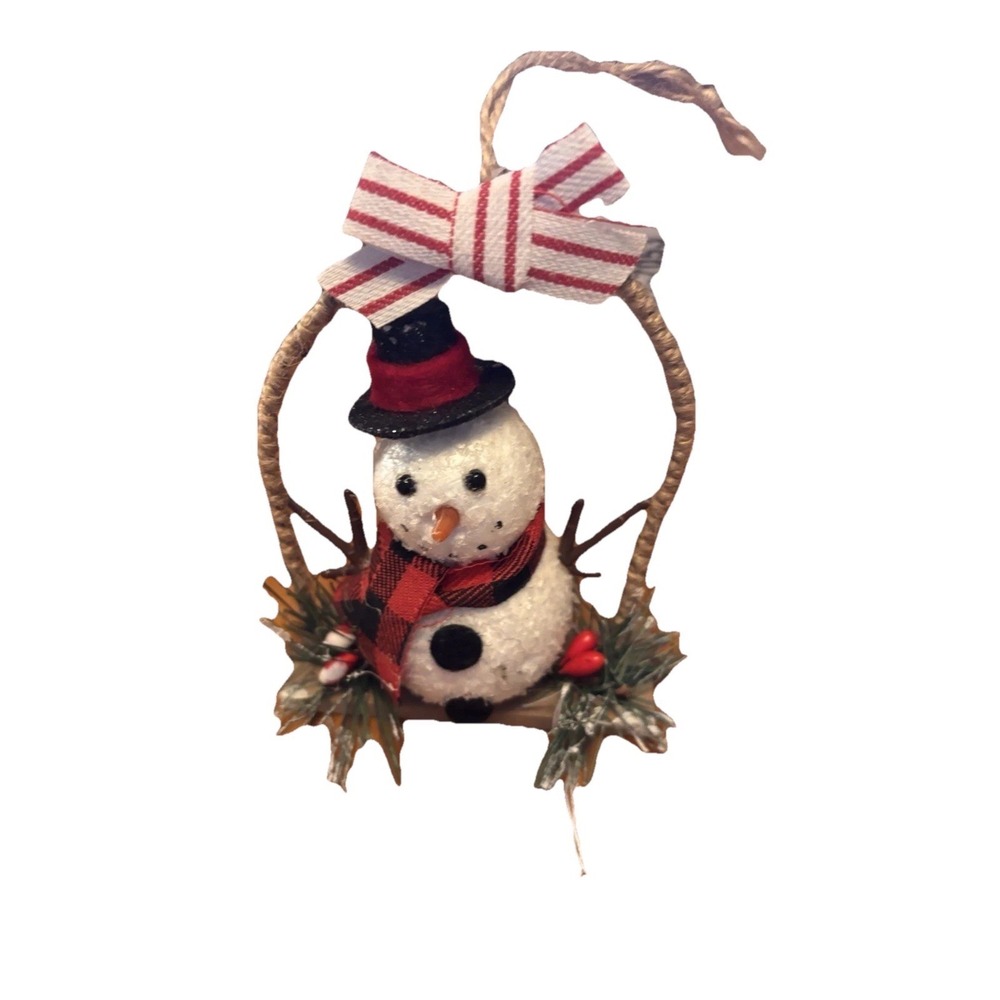 Vintage Snowman With Bow Ornament Whimsical 80s